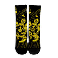Hawaiian Map Kanaka Hibiscus Turtle Yellow Polynesian Crew Socks - AH - Polynesian Pride
