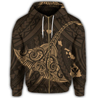 Hawaiian Map Kanaka Manta Ray Polynesian Zip Hoodie Gold - Polynesian Pride