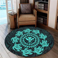Hawaiian Map Kanaka Turtles Circle Style Turquoise Polynesian Round Carpet - AH - Polynesian Pride