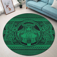 Hawaiian Map Madame Pele Kanaka Plumeria Polynesian Round Carpet Green AH - Polynesian Pride