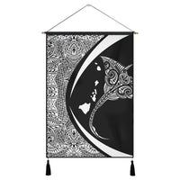 Hawaiian Map Manta Ray Polynesian Hanging Poster - White - Circle Style - AH Hanging Poster Cotton And Linen - Polynesian Pride