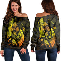 Hawaiian Map Palm Trees Fish Hook Polynesian Women's Off Shoulder Sweater Colorful Yellow - AH Black - Polynesian Pride