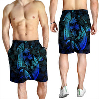 Hawaiian Map Palm Trees Fish Hook Polynesian Quilt Men's Shorts Colorful Blue - AH - Polynesian Pride