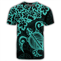 Hawaiian Map Turtle Hibiscus Kanaka Polynesian T Shirt Turquoise - Polynesian Pride