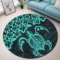 Hawaiian Map Turtle Hibiscus Kanaka Polynesian Round Carpet - Turquoise - AH - Polynesian Pride