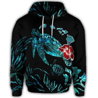 Hawaiian Map Turtle Hibiscus Ohana Honu Paua Shell Hoodie - Polynesian Pride