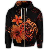 Hawaiian Map Turtle Hibiscus Plumeria Polynesian Zip Hoodie Orange - Polynesian Pride