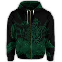 Hawaiian Map Turtle Hibiscus Polynesian Zip Hoodie Green - Polynesian Pride