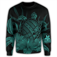 Hawaiian Map Turtle Hibiscus Polynesian Sweatshirt - Turquoise - AH - Polynesian Pride