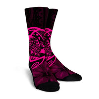 Hawaiian Map Turtle Kanaka Hibiscus Polynesian Crew Socks - Pink - AH - Polynesian Pride