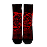Hawaiian Map Turtle Kanaka Hibiscus Polynesian Crew Socks - Red - AH - Polynesian Pride