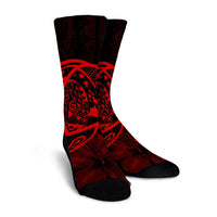 Hawaiian Map Turtle Kanaka Hibiscus Polynesian Crew Socks - Red - AH - Polynesian Pride