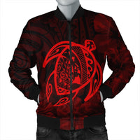 Hawaiian Map Turtle Kanaka Hibiscus Polynesian Bomber Jacket - Red - AH Black Unisex - Polynesian Pride