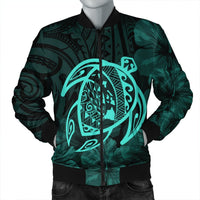 Hawaiian Map Turtle Kanaka Hibiscus Polynesian Bomber Jacket - Turquoise - AH Black Unisex - Polynesian Pride