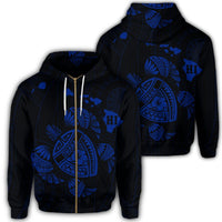 Hawaiian Map Turtle Ohana Hibicus Polynesian Zip Hoodie Blue Unisex Art - Polynesian Pride