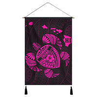 Hawaiian Map Turtle Ohana Hibicus Polynesian Hanging Poster - Pink - AH Hanging Poster Cotton And Linen - Polynesian Pride