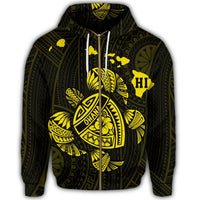 Hawaiian Map Turtle Ohana Hibicus Polynesian Zip Hoodie Yellow - Polynesian Pride