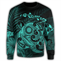 Hawaiian Map Turtle Tattoo Hibiscus Plumeria Polynesian Sweatshirt - Turquoise - AH - Polynesian Pride