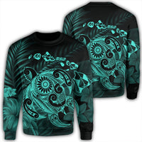 Hawaiian Map Turtle Tattoo Hibiscus Plumeria Polynesian Sweatshirt - Turquoise - AH Unisex Black - Polynesian Pride