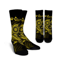 Hawaiian Map Turtle Tattoo Hibiscus Plumeria Polynesian Crew Socks - Yellow - AH Crew Socks White - Polynesian Pride