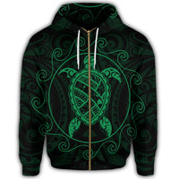 Hawaiian Map Turtle Wave Polynesian Zip Hoodie Green - Polynesian Pride