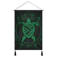 Hawaiian Map Turtle Wave Polynesian Hanging Poster Green - AH Hanging Poster Cotton And Linen - Polynesian Pride