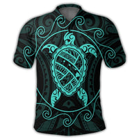 Hawaiian Map Turtle Wave Polynesian Polo Shirt Turquoise - Polynesian Pride