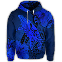 Hawaiian Map Whale Swim Hibiscus Polynesian Hoodie Blue - Polynesian Pride
