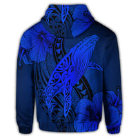 Hawaiian Map Whale Swim Hibiscus Polynesian Zip Hoodie Blue - Polynesian Pride