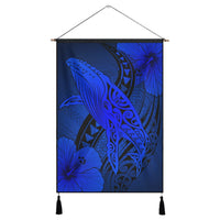 Hawaiian Map Whale Swim Hibiscus Polynesian Hanging Poster - Blue - AH Hanging Poster Cotton And Linen - Polynesian Pride