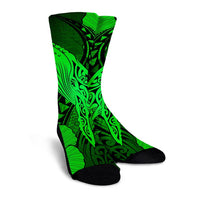 Hawaiian Map Whale Swim Hibiscus Polynesian Crew Socks - Green - AH - Polynesian Pride