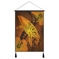 Hawaiian Map Whale Swim Hibiscus Polynesian Hanging Poster - Orange - AH Hanging Poster Cotton And Linen - Polynesian Pride