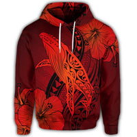 Hawaiian Map Whale Swim Hibiscus Polynesian Hoodie Red - Polynesian Pride
