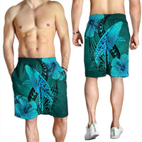 Hawaiian Map Whale Swim Hibiscus Polynesian Men's Shorts - Turquoise - AH - Polynesian Pride