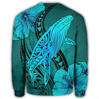 Hawaiian Map Whale Swim Hibiscus Polynesian Sweatshirt - Turquoise - AH - Polynesian Pride