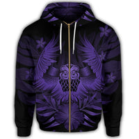 Hawaiian Owl Hibiscus Plumeria Polynesian Zip Hoodie Purple - Polynesian Pride