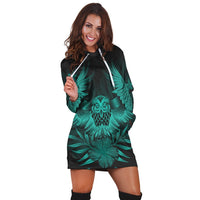Hawaiian Owl Hibiscus Plumeria Polynesian Hoodie Dress - Turquoise - AH - Polynesian Pride