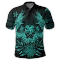 Hawaiian Owl Hibiscus Plumeria Polynesian Polo Shirt Turquoise - Polynesian Pride