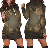 Hawaiian Plumeria Hibiscus Turtle Under Sea Polynesian Hoodie Dress Gold AH Black - Polynesian Pride