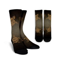 Hawaiian Plumeria Hibiscus Turtle Under Sea Polynesian Crew Socks Gold AH Crew Socks White - Polynesian Pride