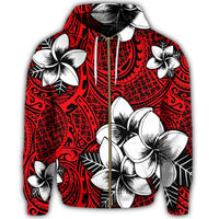 Hawaiian Plumeria Tribal Polynesian Zip Hoodie Red - Polynesian Pride