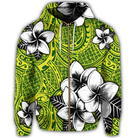 Hawaiian Plumeria Tribe Yellow Green Polynesian Zip Hoodie - Polynesian Pride