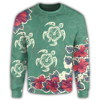 Hawaiian Turtle And Colorful Hibiscus Polynesian Sweatshirt - AH - Polynesian Pride