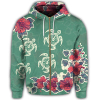 Hawaiian Turtle and Colorful Hibiscus Polynesian Zip Hoodie - Polynesian Pride