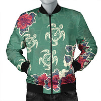 Hawaiian Turtle And Colorful Hibiscus Polynesian Bomber Jacket - AH Black Unisex - Polynesian Pride