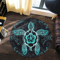 Hawaiian Turtle And Hibiscus Polynesian Round Carpet Turquoise - AH - Polynesian Pride