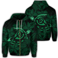 Hawaiian Turtle Hibiscus Plumeria Kanaka Polynesian Zip Hoodie Green Soft Style Unisex Art - Polynesian Pride