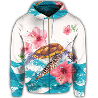 Hawaiian Turtle Hibiscus Waves Polynesian Zip Hoodie - Polynesian Pride