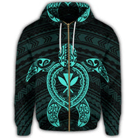 Hawaiian Turtle Kanaka Polynesian Zip Hoodie Turquoise - Polynesian Pride