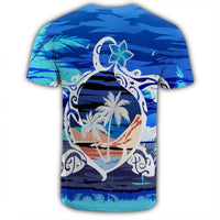 Hawaiian Turtle Plumeria Coconut Tree Polynesian T Shirt Blue AH - Polynesian Pride
